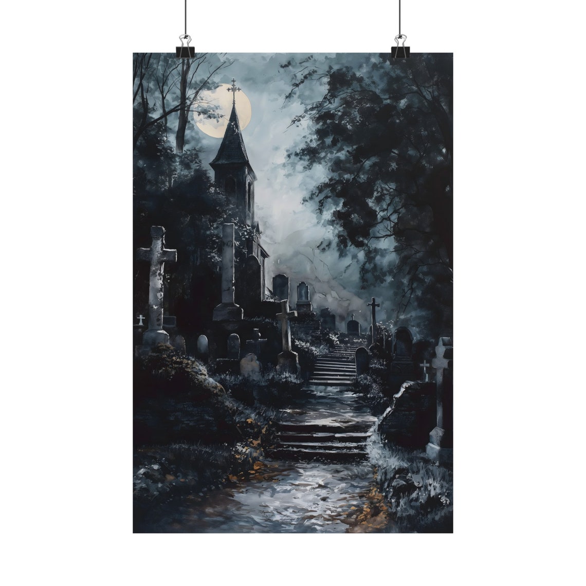 Dark Gothic Cemetery Chapel Under Moonlight Haunted Night Art Print - Image 2