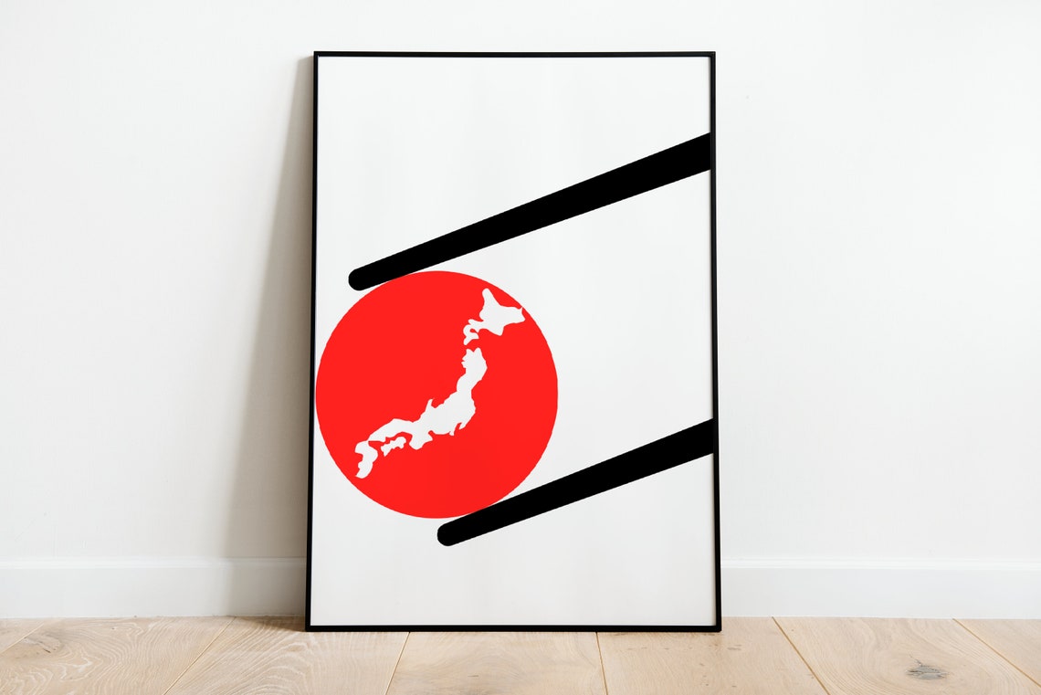 Minimalistic Japanese Poster Map Of Japan Japanese Art Asia Print Large Wall Art Sushi Sticks Traditional Japanese Food Japanese Flag