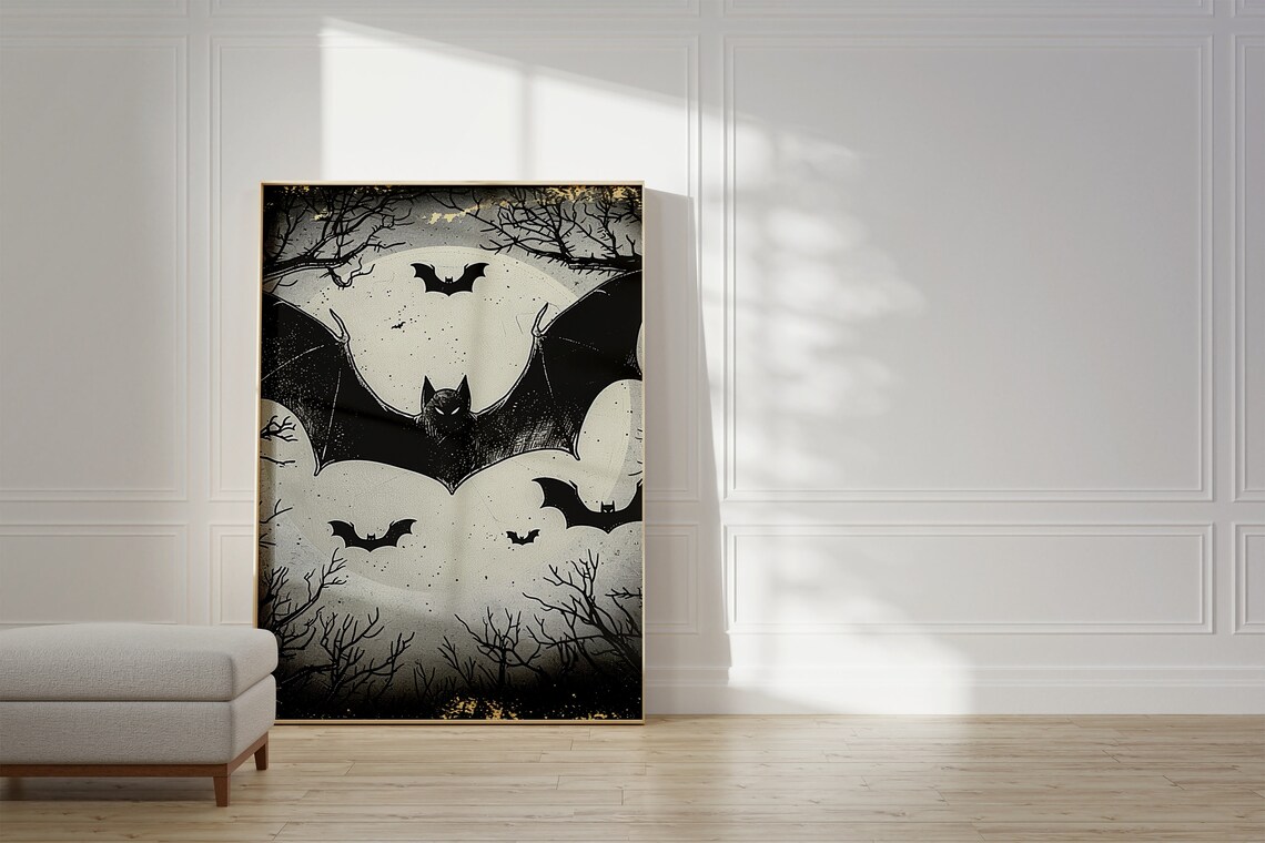 Giant Bat Over Full Moon Vintage Engraving Style Spooky Poster - Image 2