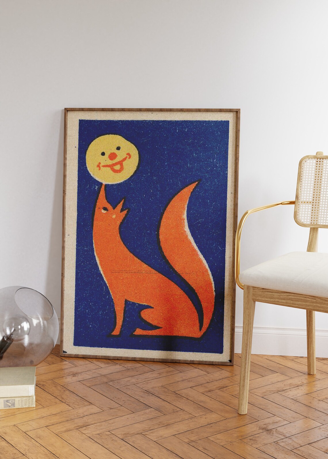 Retro Orange Fox and Smiling Moon on Navy Vintage Illustration Poster - Image 2