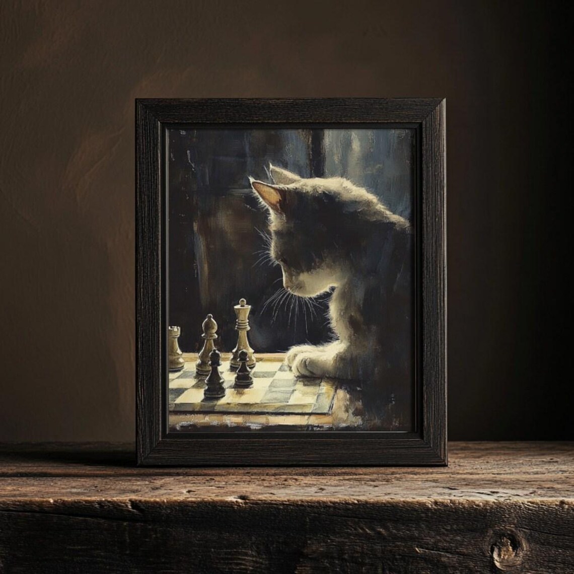 Pensive Cat Playing Chess Classic Oil Painting Style Feline Poster - Image 2