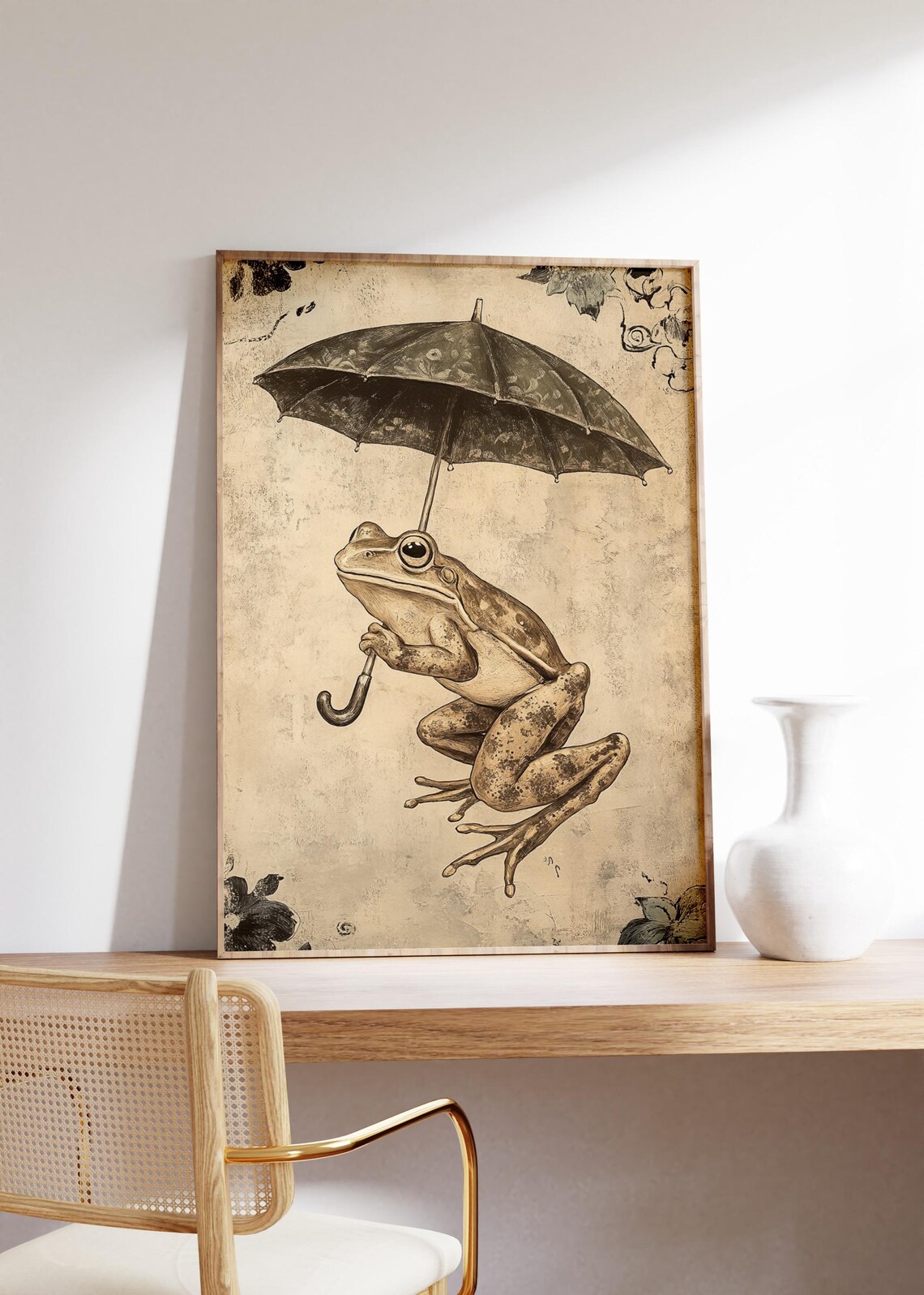Vintage Frog Holding an Umbrella Sepia Illustration Wall Art - Image 3