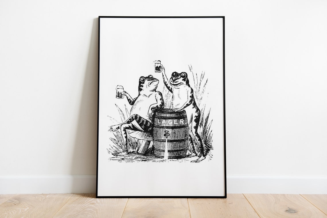 Two Frogs Drinking Lager Beer, Vintage Art Deco Poster