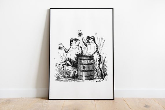 Two Frogs Drinking Lager Beer, Vintage Art Deco Poster