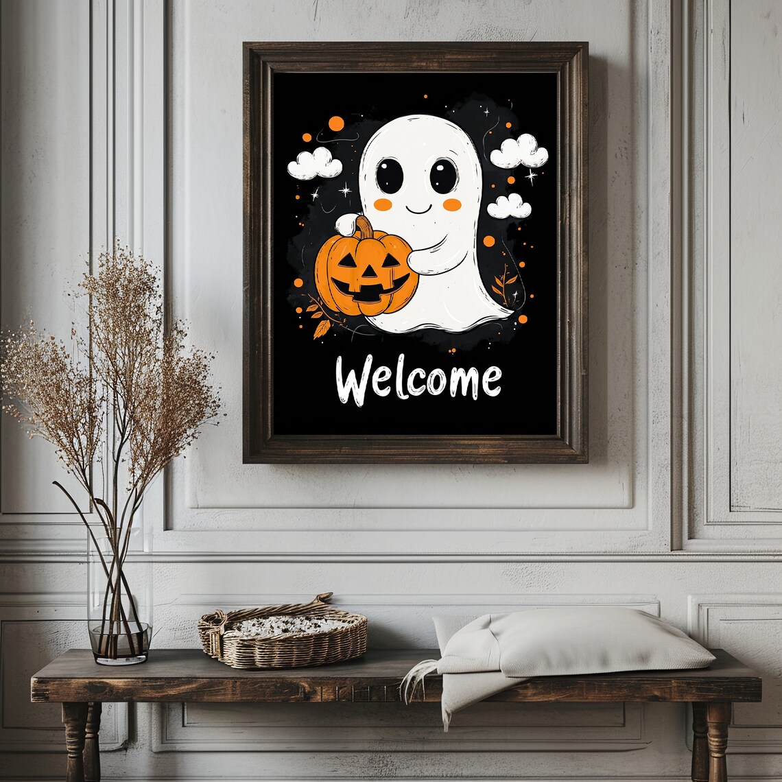 Cute Smiling Ghost Hugging a Grinning Pumpkin Welcome Halloween Poster - Image 4