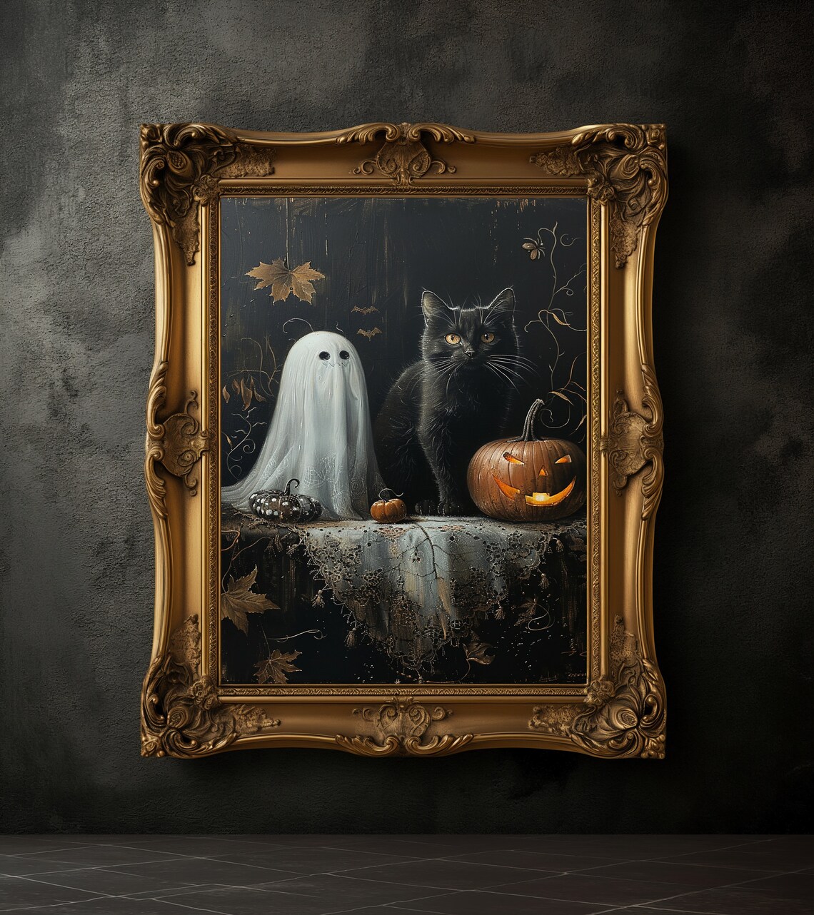 Black Cat Ghost And Pumpkin, Halloween Poster Print