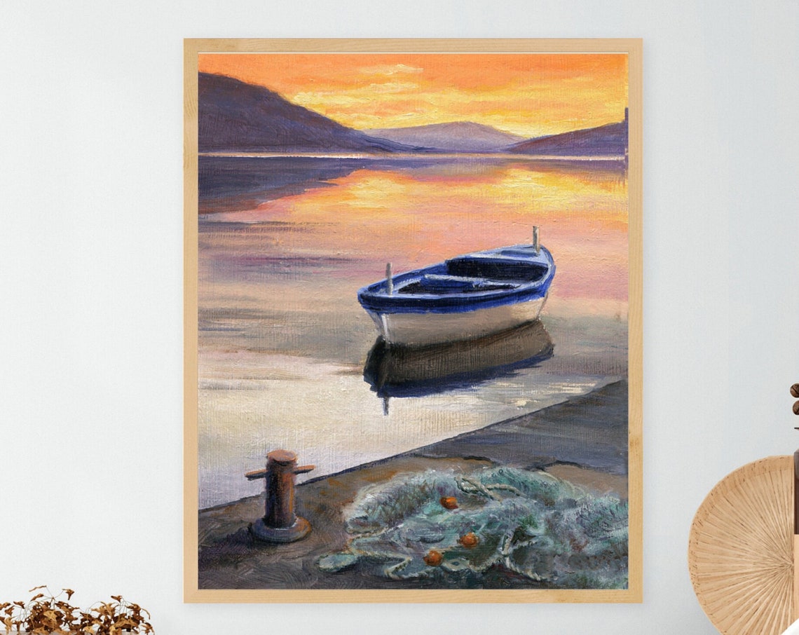 Wooden Row Boat Painting Print Calm Lake Jetty Art Pier Fishboat Sunset Art Poster Dock Bay Water Reflections Fishing Lover Gift For Dad - Image 5