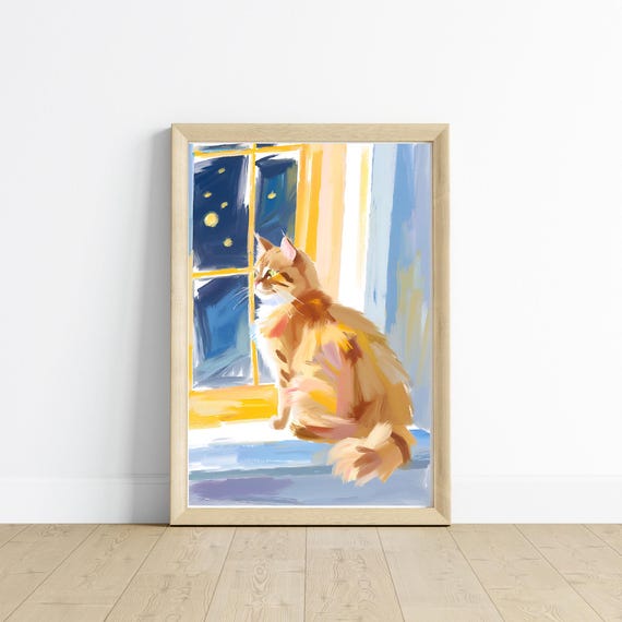 Waiting For You Starry Night Orange Cat Art Print