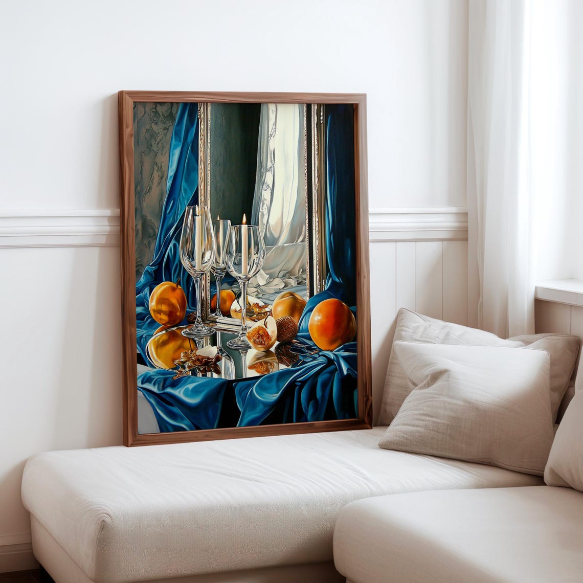 Champagne Flutes Oranges Blue Satin Drapery Still Life Art Print
