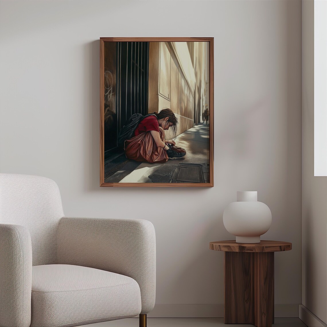 Weary Woman Backpack Sitting Sidewalk Moody Light Art Poster - Image 2