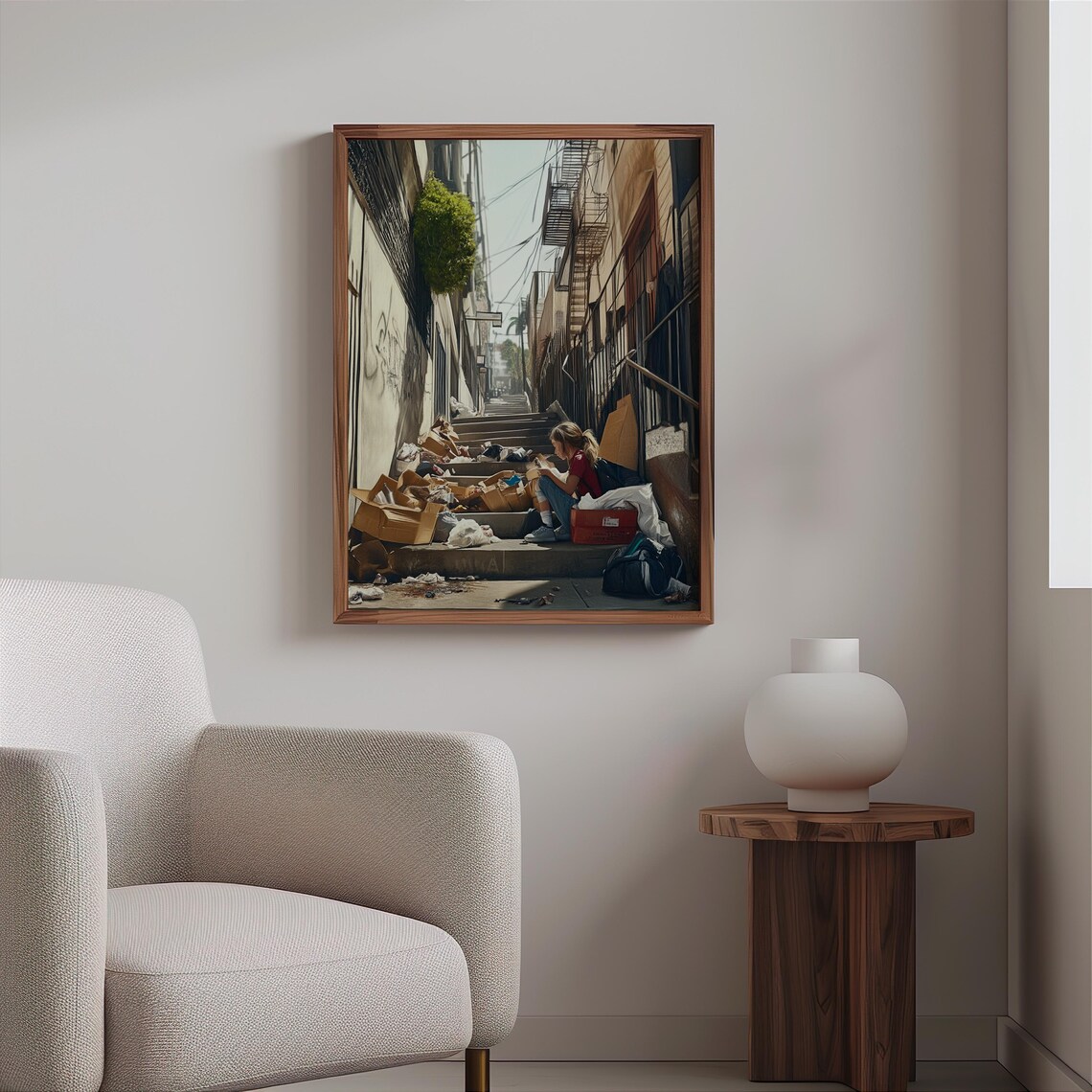 Girl Reading Alley Steps Cardboard Boxes Urban Photorealism Poster - Image 2