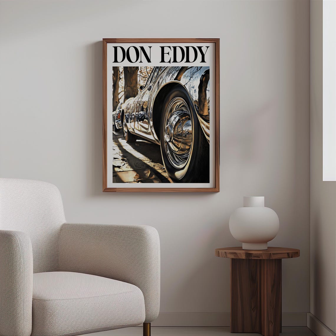Don Eddy Style Black Vintage Car Chrome Wheel Tree Reflection Poster - Image 2