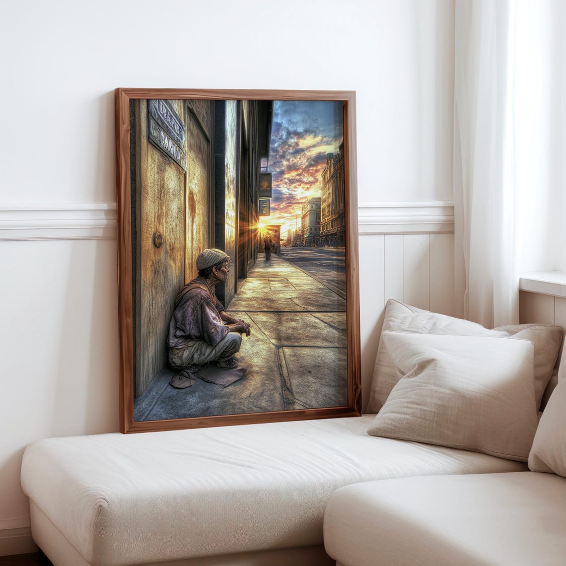 Homeless Man Sitting City Sidewalk Sunset Thought Provoking Art Poster