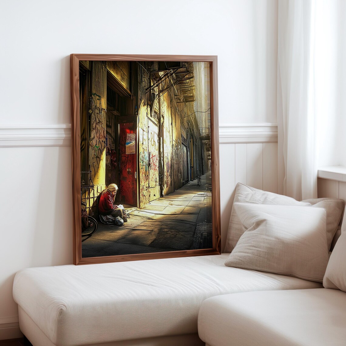 Woman Red Door Graffiti Alley Golden Sunlight Photorealism Poster