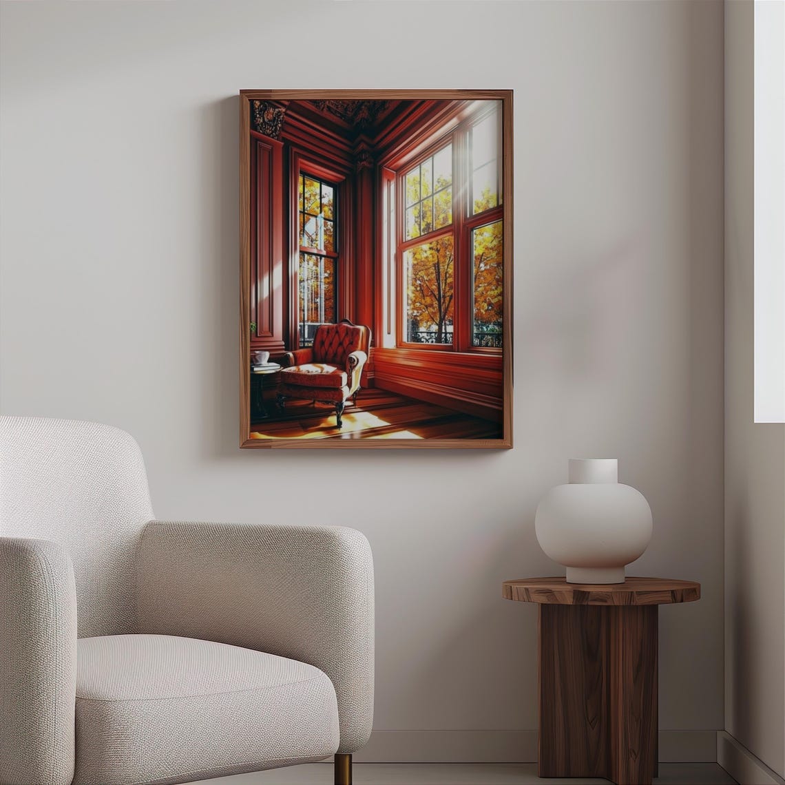 Autumn Corner Windows Red Tufted Chair Tea Cup Cozy Scene Print - Image 2