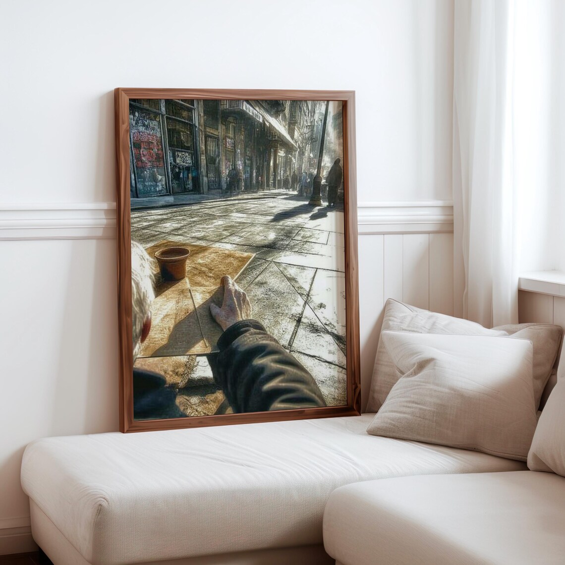 Outstretched Hand Cup POV Sunlit City Plaza Photorealism Poster