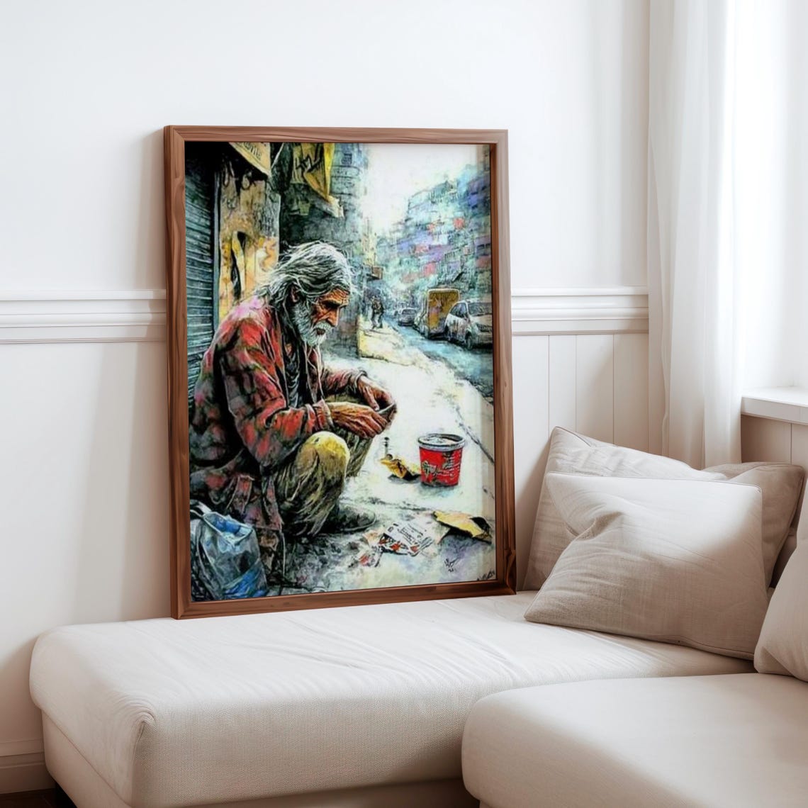 Elderly Man Red Jacket Street Portrait Photorealistic City Poster