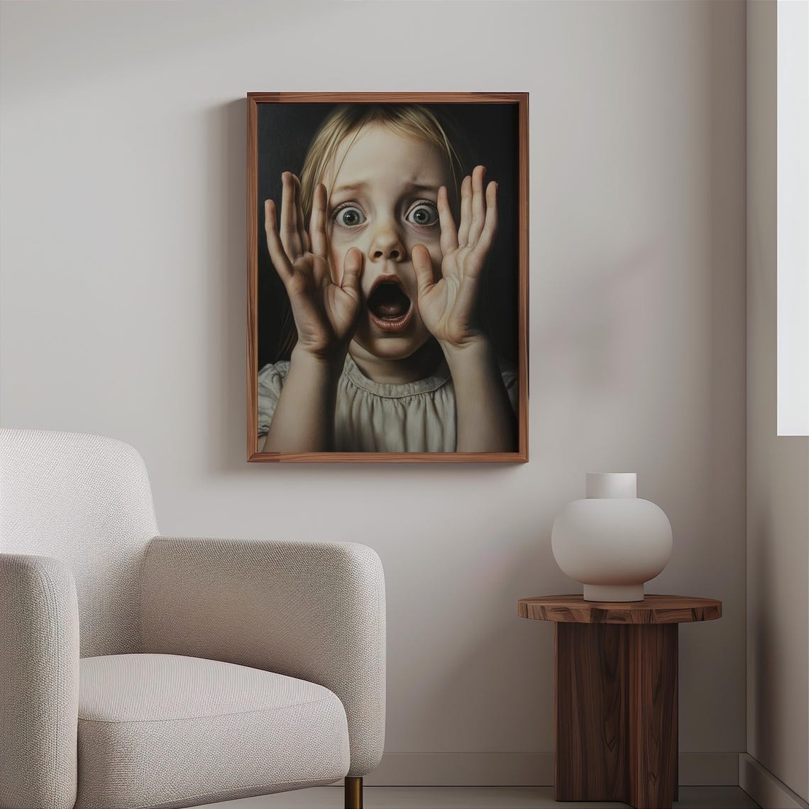 Surprised Blonde Girl Hands on Face Wide Eyes Dark Portrait Print - Image 2