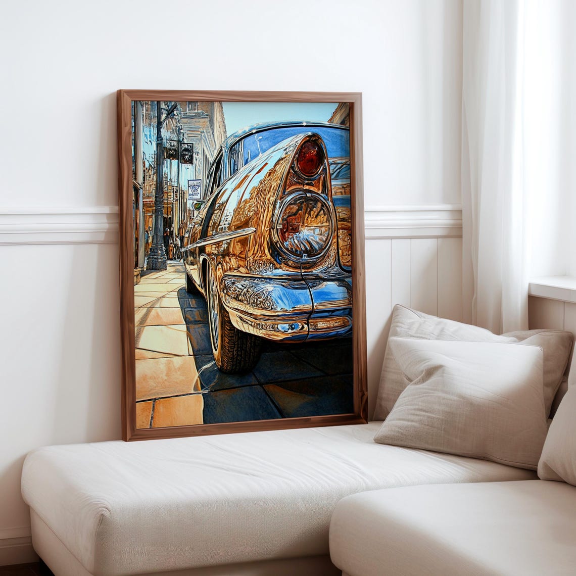 Blue Vintage Car Tailfin Taillight Chrome Rear Street View Poster