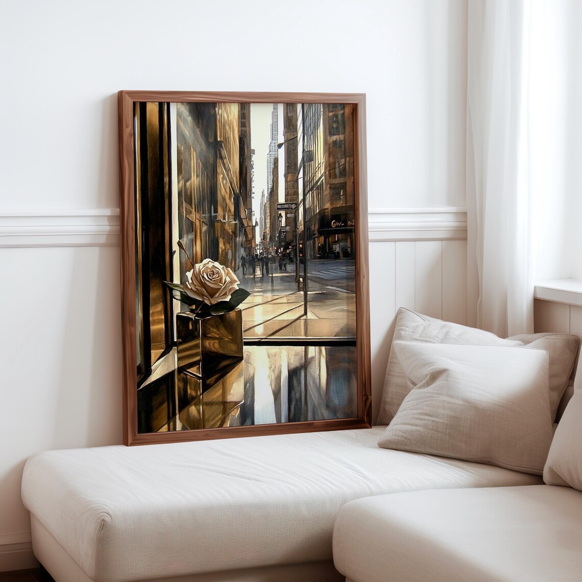 City Canyon Reflections White Rose in Vase Golden Hour Art Print