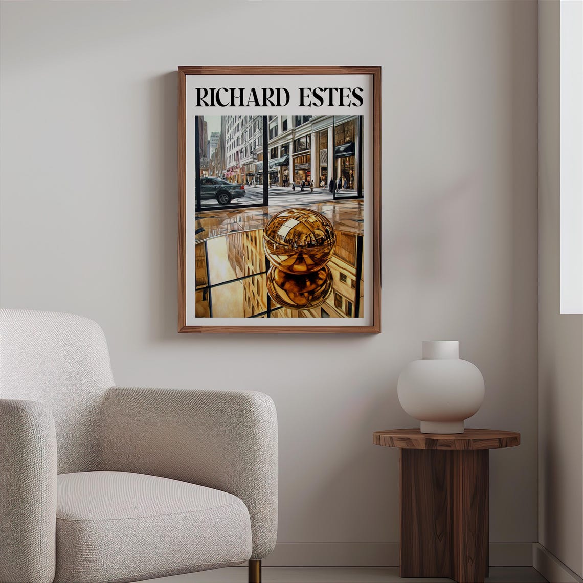 Golden Chrome Sphere Street Reflection Mirrored Plaza Art Poster - Image 2