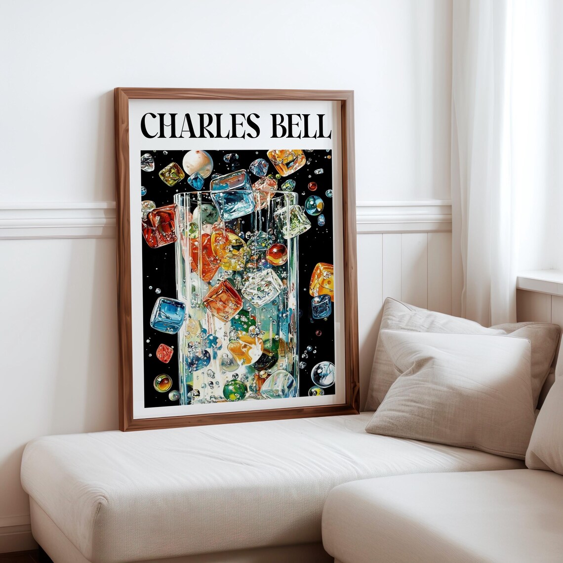 Charles Bell Glass Tumbler Marbles Ice Cubes Floating Black Art Poster