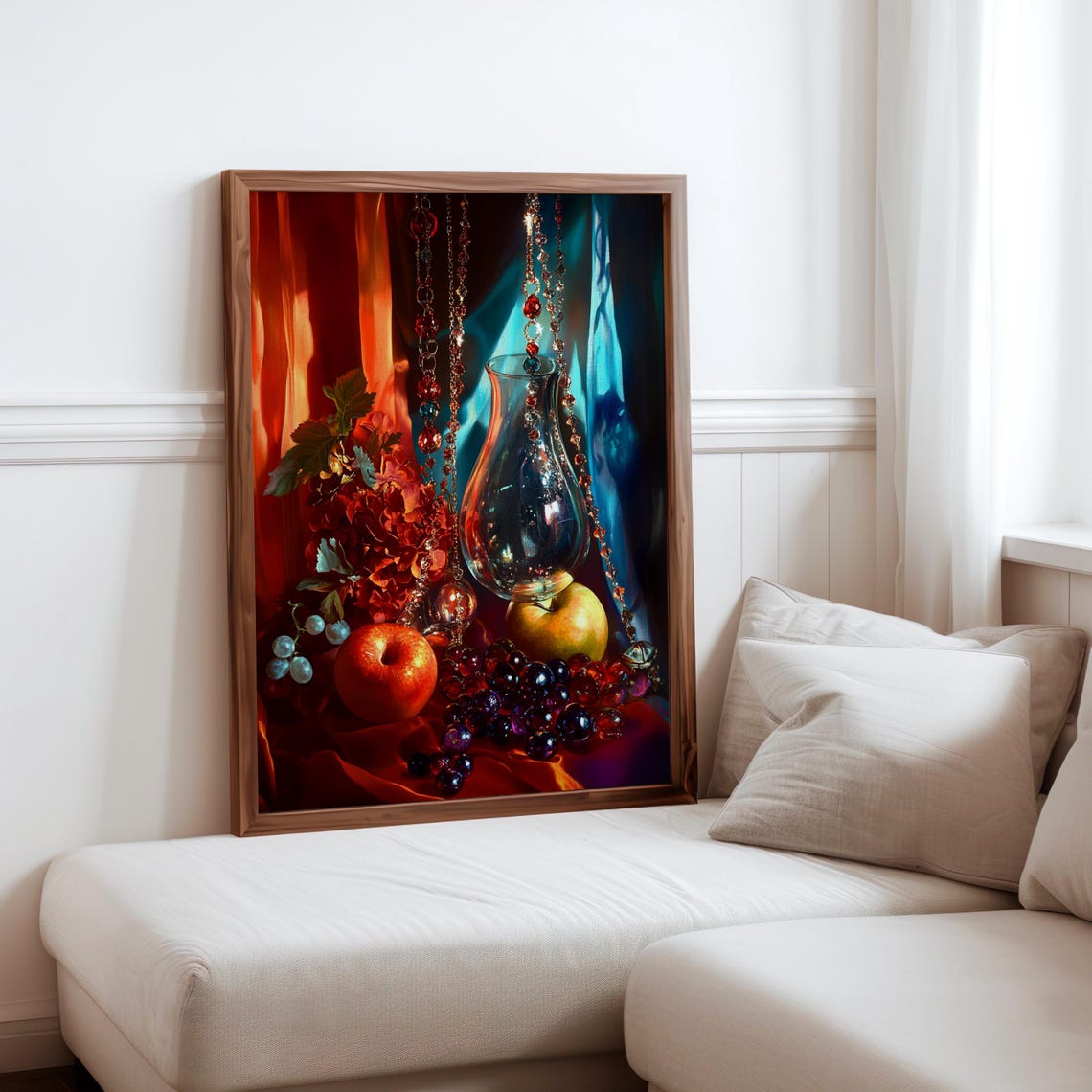 Glass Carafe with Beads Apples and Grapes Still Life Poster Art