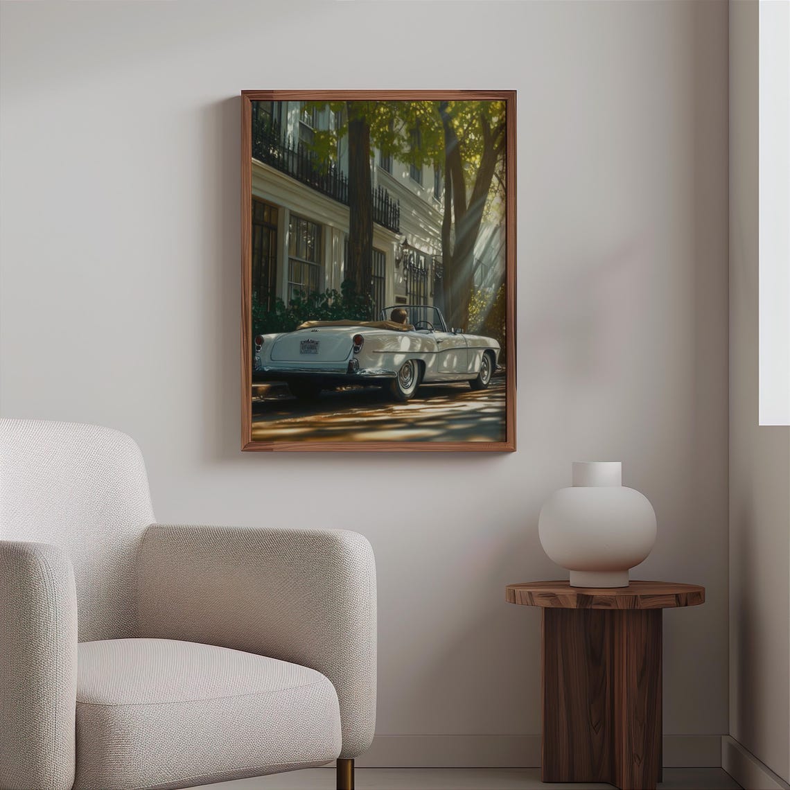 White Vintage Convertible City Street Row Houses Sunlight Print - Image 2