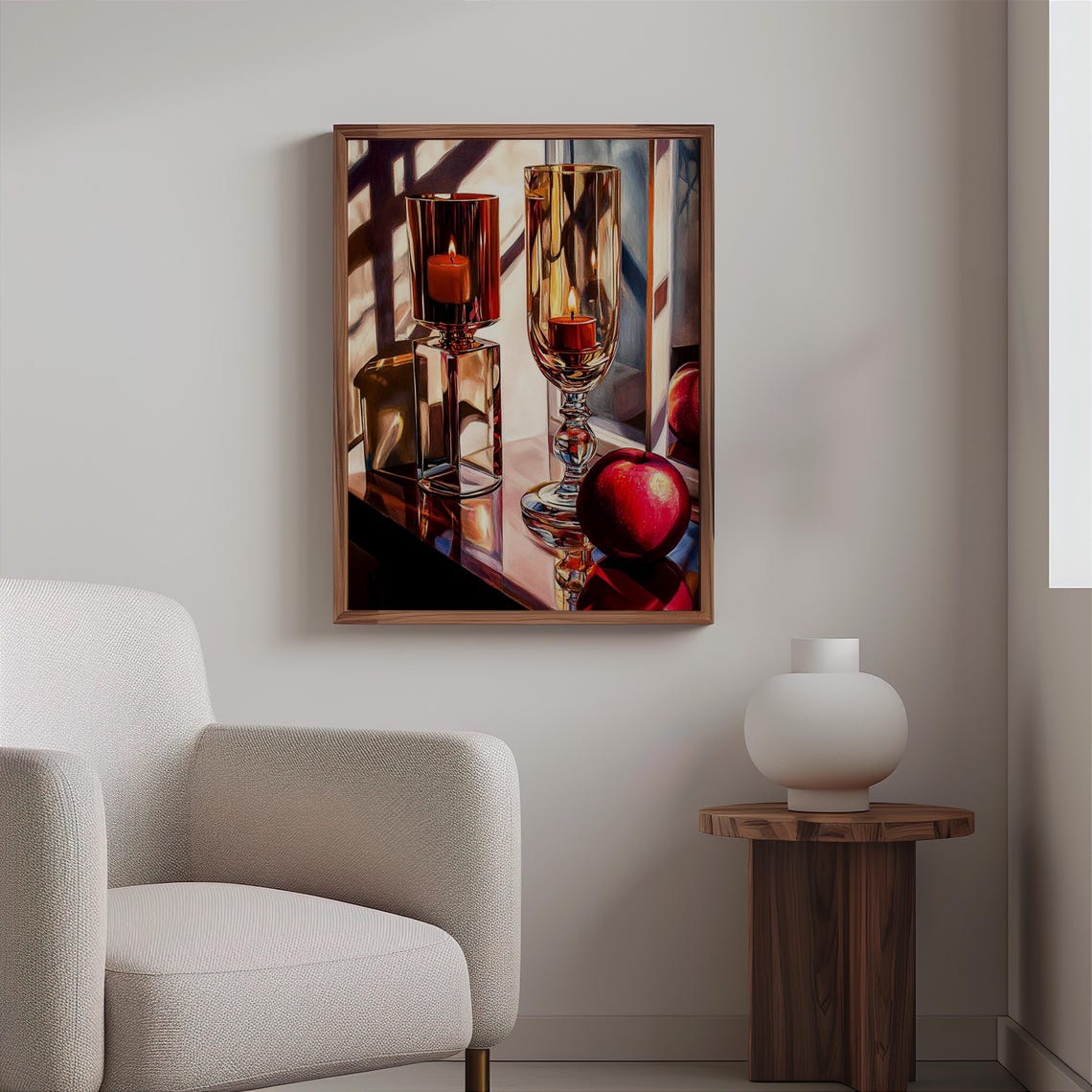 Amber Glass Hurricanes Red Apple Candlelight Still Life Art Print - Image 2