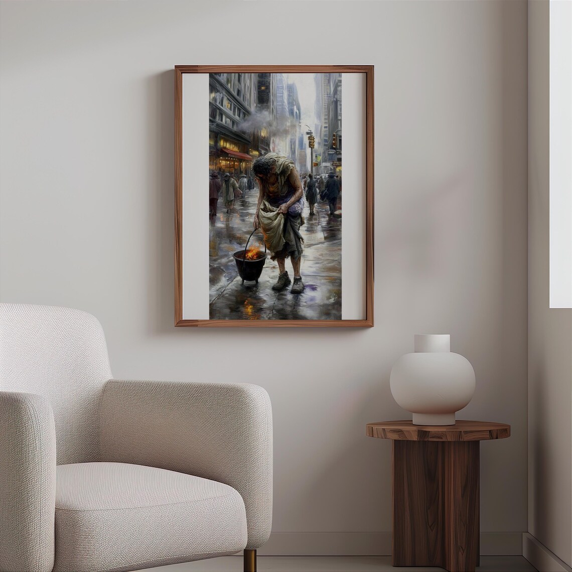 Homeless Person Burning Barrel Rainy City Street Moody Art Poster - Image 2