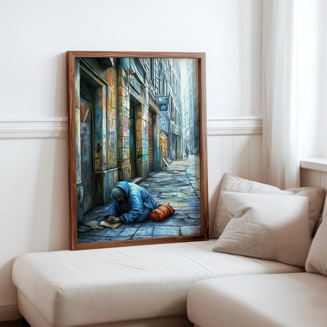 Hooded Figure Sleeping Wet Alley Blue Night Mood Photorealism Poster