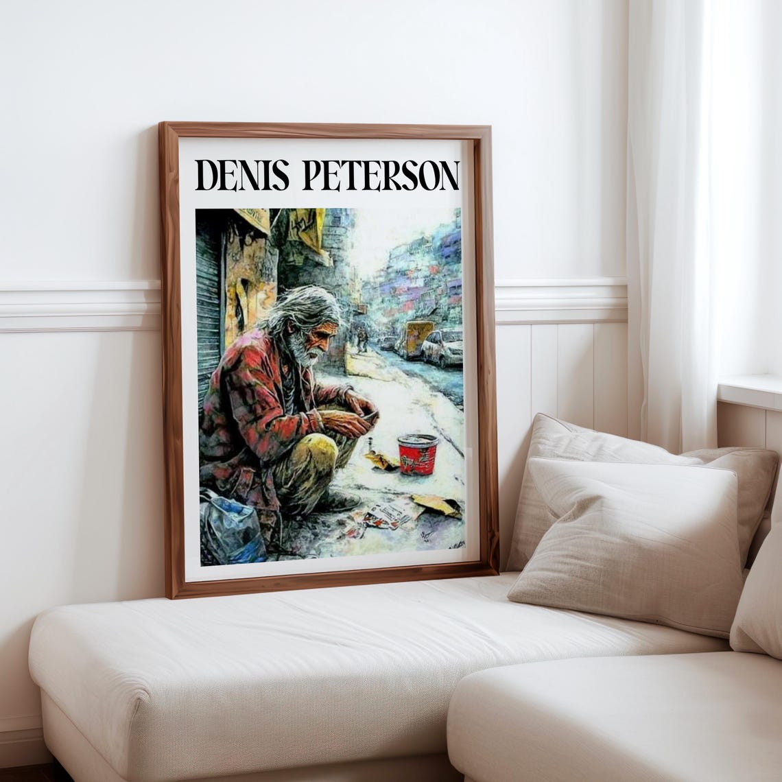 Denis Peterson Old Man Crouching Sidewalk Panhandler Art Poster