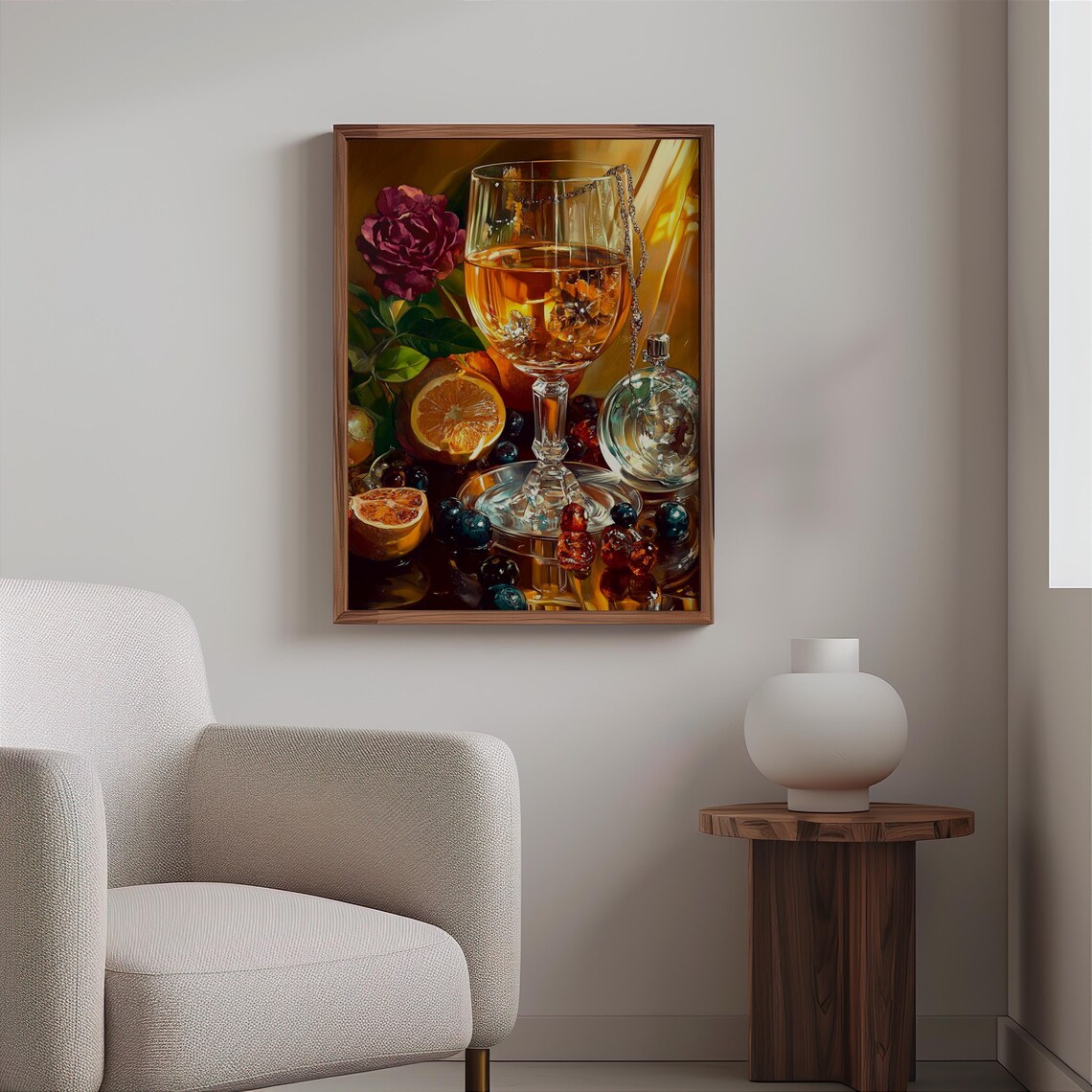 Wine Glass Orange Slices Purple Rose Gold Light Still Life Poster - Image 2