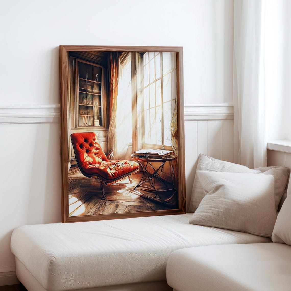 Red Chaise Lounge Sunlit Bay Window Classic Interior Wall Art