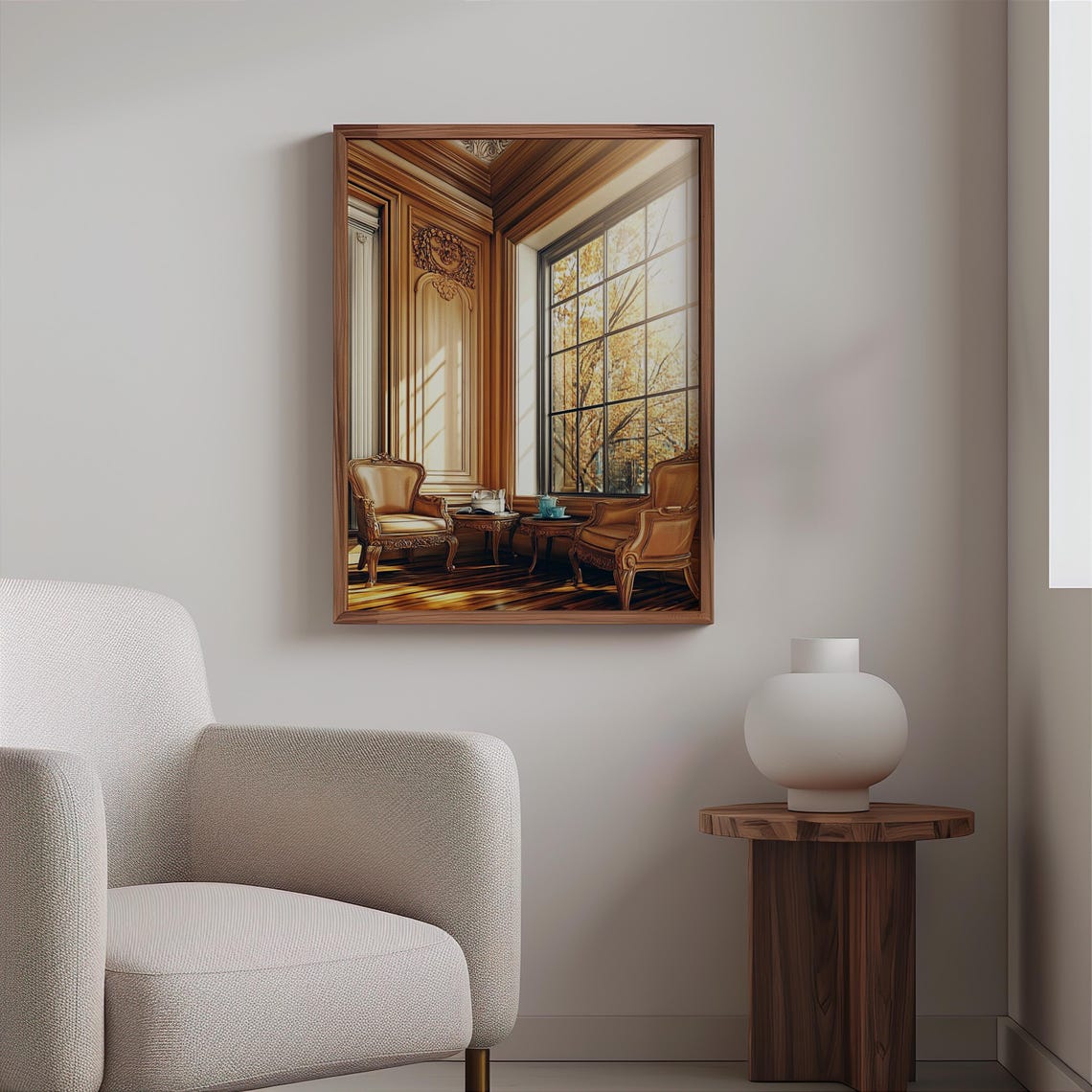 Gold Armchairs Tea Table Autumn Window Wood Paneled Room Poster - Image 2