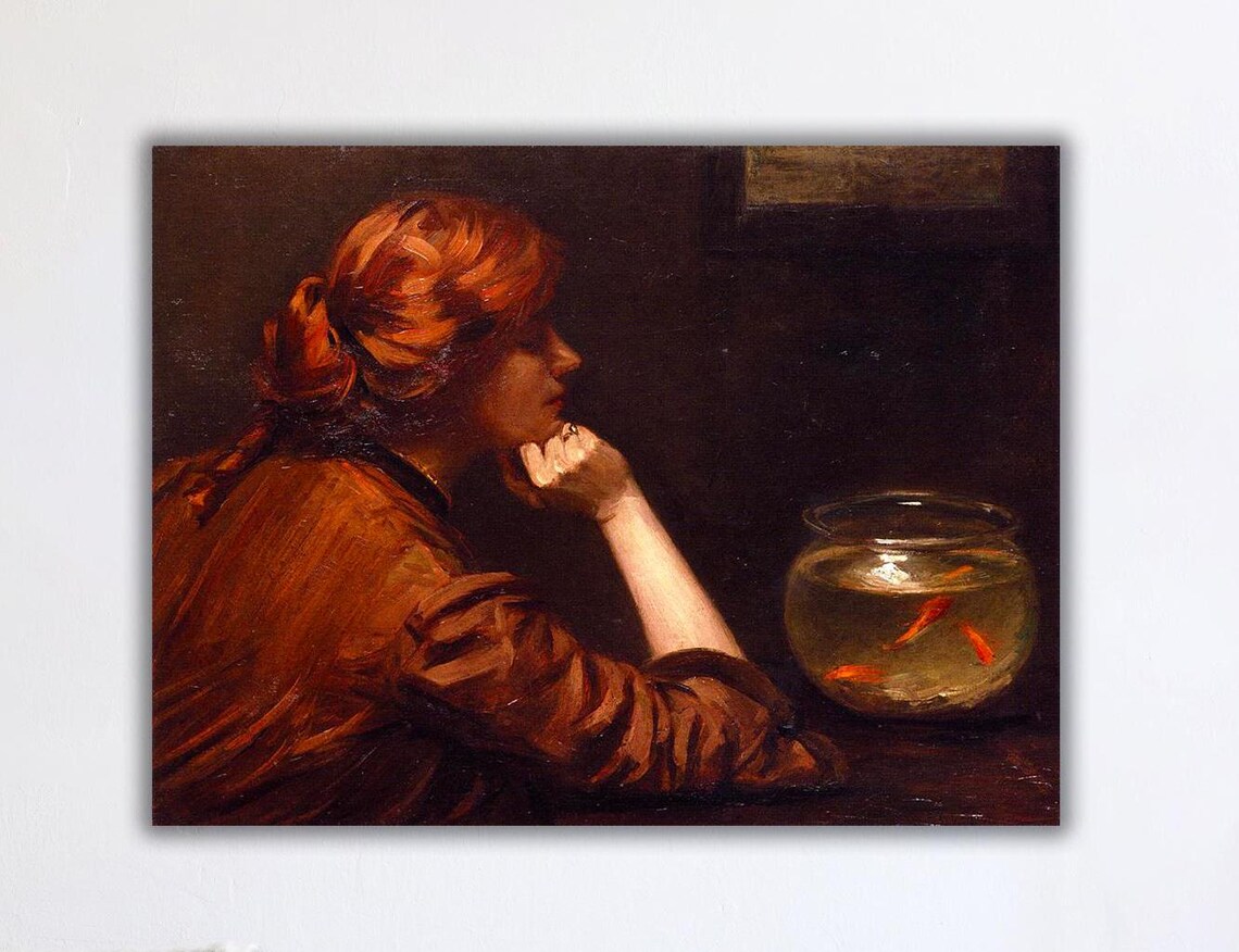 Red Haired Woman Watching Goldfish Bowl Vintage Oil Painting Poster
