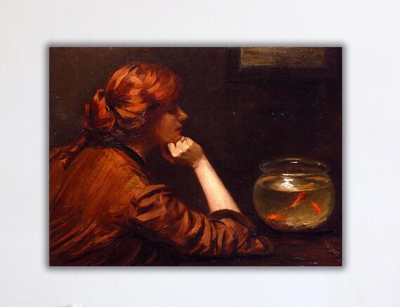 Red Haired Woman Watching Goldfish Bowl Vintage Oil Painting Poster