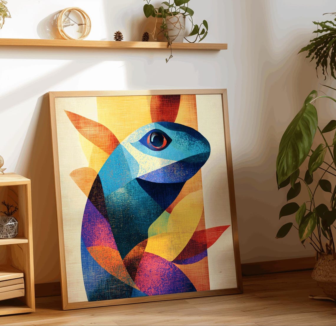 Geometric Lizard Portrait Blue Orange Modern Wildlife Reptile Poster