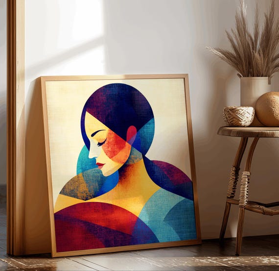 Abstract Geometric Woman Portrait Vibrant Colorful Wall Art Modern Home Decor Fine Quality Paper