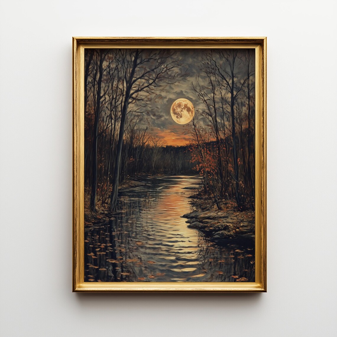 Moonlit River Oil Painting, Rustic Forest Landscape