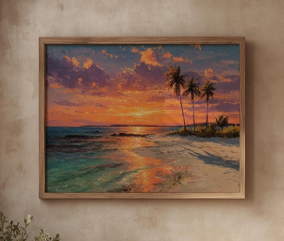 Tropical Beach Sunset Palms Ocean Glow Vibrant Oil Painting Poster