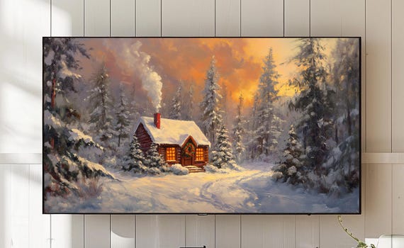 Winter Cabin Snowy Forest Frame Tv Art Cozy Christmas Landscape 797