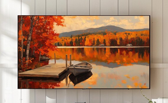 Autumn Lake Dock Rowboat Mirror Reflection Fall Scenery Art Poster