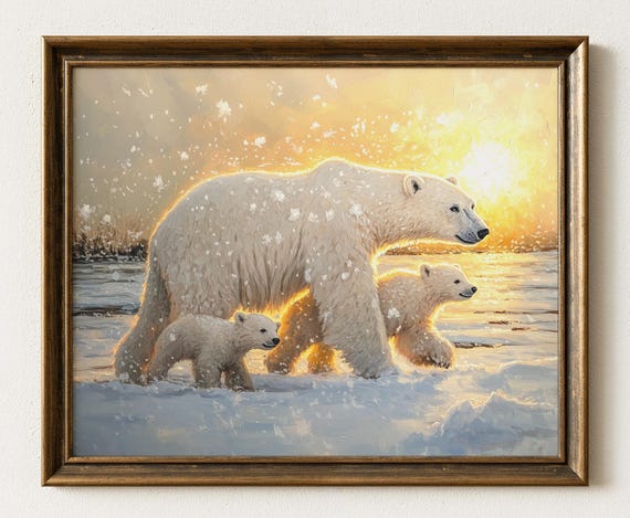 Arctic Sunset Polar Bear Family Art Print Winter Wildlife Decor 647