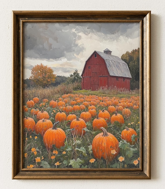Rustic Red Barn Pumpkin Patch Autumn Harvest Oil Painting Poster
