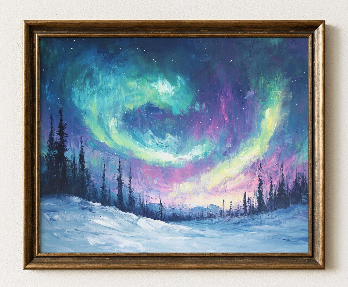 Aurora Borealis Landscape, Rustic Winter Scene