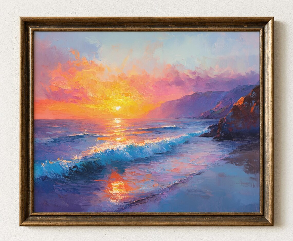 Coastal Sunset Seascape Pink Orange Sky Ocean Waves Cliff Art Poster