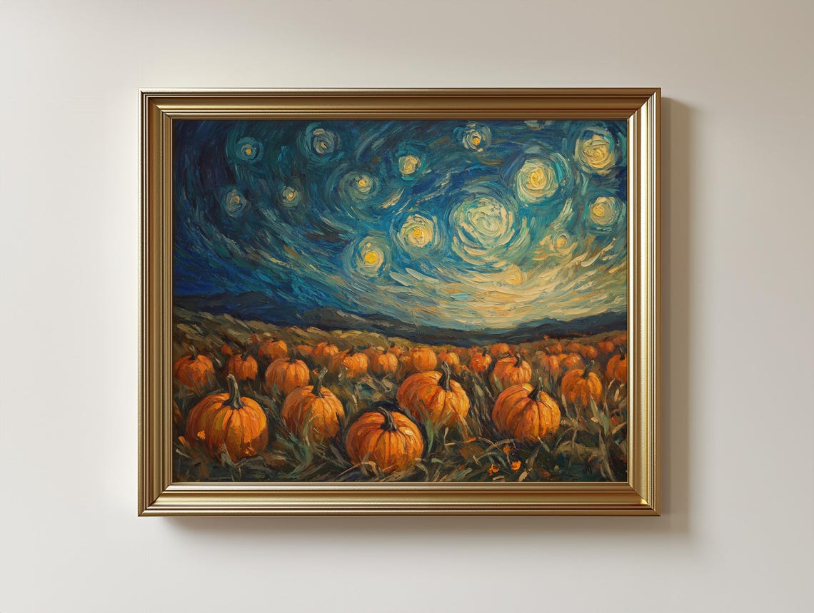 Starry Night Pumpkin Field Van Gogh Style Swirling Sky Fall Poster