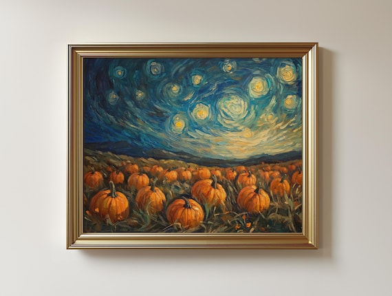 Starry Night Pumpkin Field Van Gogh Style Swirling Sky Fall Poster