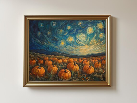 Starry Pumpkin Field Art Print Rustic Autumn Landscape 335